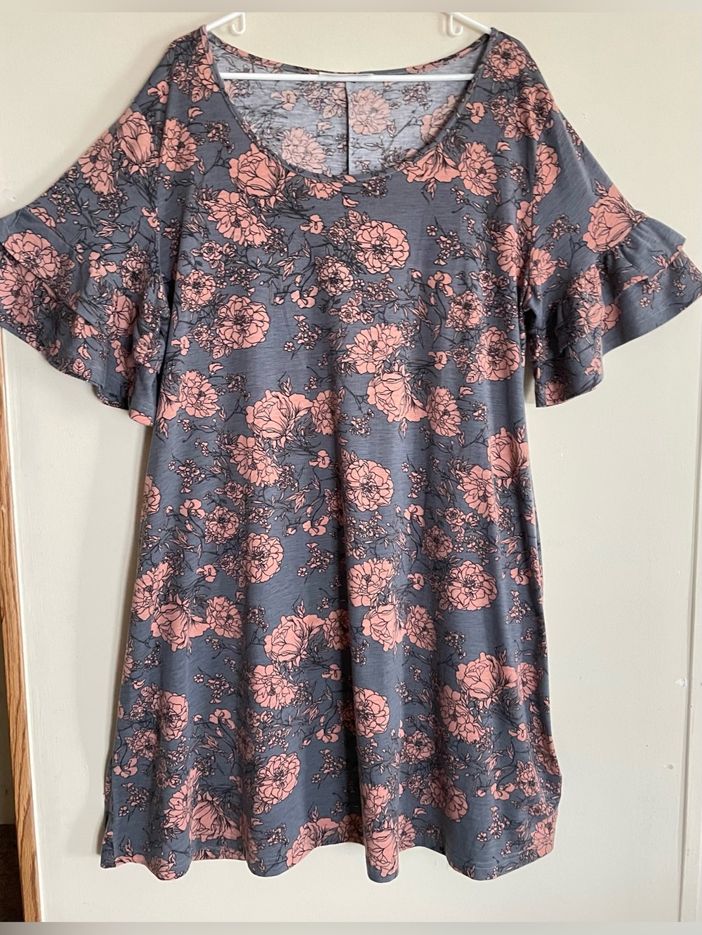 Nemidor Grayish Blue Floral Ruffle Sleeve Midi Dress